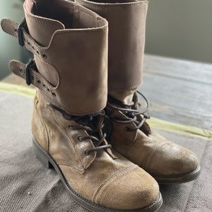 All Saints Spitafields distressed suede double buckle combat boots. Size 38